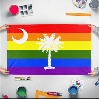 A mockup of the custom flag 'South Carolina Pride Flag' held up on a table during print checking