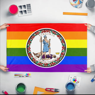 A mockup of the custom flag 'Virginia Pride Flag' held up on a table during print checking