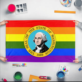 A mockup of the custom flag 'Washington Pride Flag' held up on a table during print checking