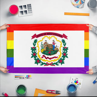 A mockup of the custom flag 'West Virginia Pride Flag' held up on a table during print checking