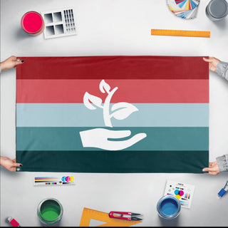 A mockup of the custom flag 'PTSD Pride Flag' held up on a table during print checking