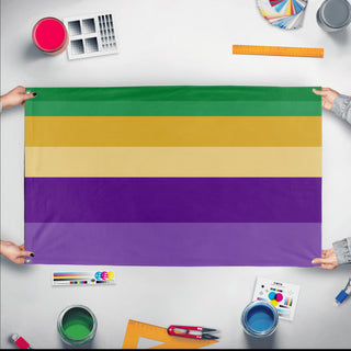A mockup of the custom flag 'Bipolar I Pride Flag' held up on a table during print checking