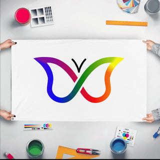 A mockup of the custom flag 'ADHD Pride Flag' held up on a table during print checking