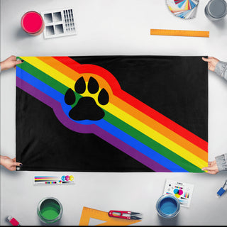A mockup of the custom flag 'Furry Pride Flag' held up on a table during print checking