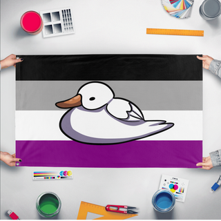 A mockup of the custom flag 'Ace Duck Flag' held up on a table during print checking