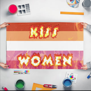 A mockup of the custom flag 'aggressive lesbian flag' held up on a table during print checking