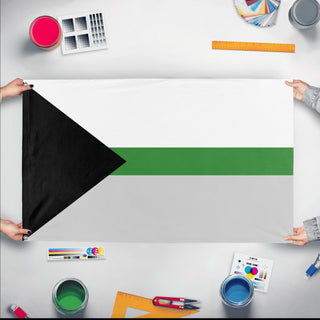 A mockup of the custom flag 'Demiromantic Pride Flag' held up on a table during print checking