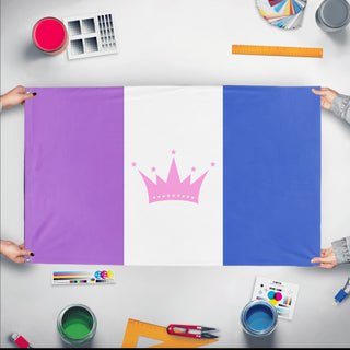 A mockup of the custom flag 'Drag Pride Flag' held up on a table during print checking