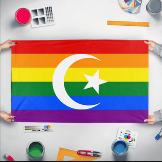A mockup of the custom flag 'Islam Pride Flag' held up on a table during print checking