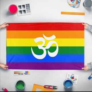 A mockup of the custom flag 'Jainist Pride Flag' held up on a table during print checking