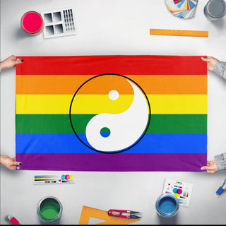 A mockup of the custom flag 'Taoist Pride Flag' held up on a table during print checking