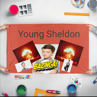 A mockup of the custom flag 'Young Sheldon flag' held up on a table during print checking