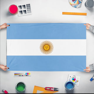 A mockup of the custom flag 'Flag of Argentina flag' held up on a table during print checking