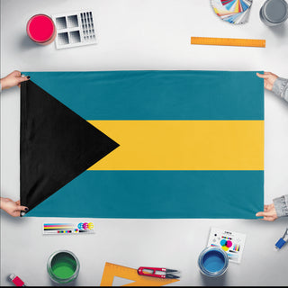 A mockup of the custom flag 'Flag of Bahamas flag' held up on a table during print checking