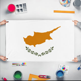 A mockup of the custom flag 'Flag of Cyprus flag' held up on a table during print checking