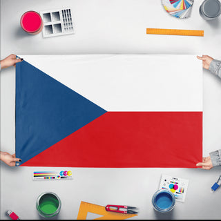 A mockup of the custom flag 'Flag of Czech Republic' held up on a table during print checking