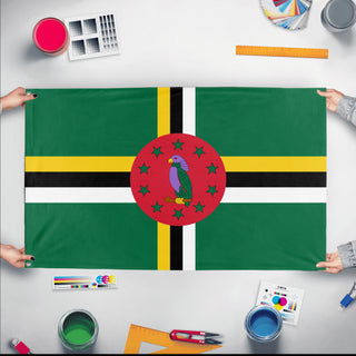 A mockup of the custom flag 'Flag of Dominica flag' held up on a table during print checking