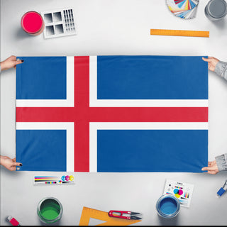A mockup of the custom flag 'Flag of Iceland flag' held up on a table during print checking