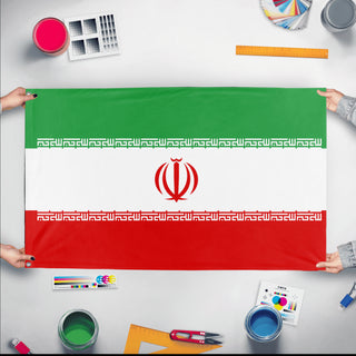 A mockup of the custom flag 'Flag of Iran flag' held up on a table during print checking