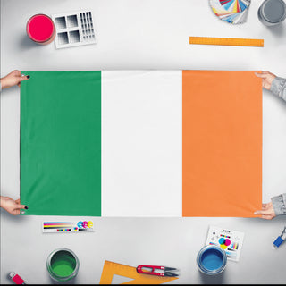 A mockup of the custom flag 'Flag of Ireland flag' held up on a table during print checking