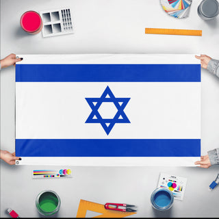 A mockup of the custom flag 'Flag of Israel flag' held up on a table during print checking