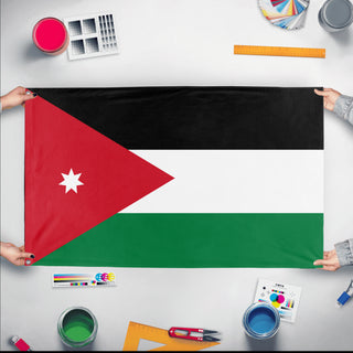 A mockup of the custom flag 'Flag of Jordan flag' held up on a table during print checking