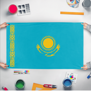 A mockup of the custom flag 'Flag of Kazakhstan flag' held up on a table during print checking