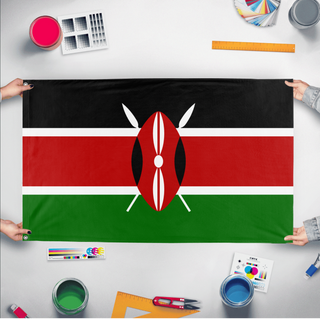 A mockup of the custom flag 'Flag of Kenya flag' held up on a table during print checking