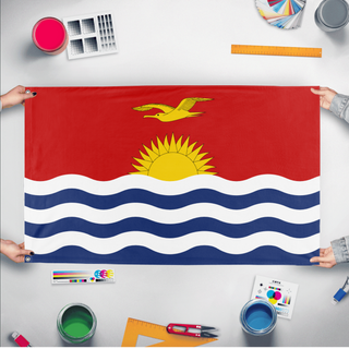 A mockup of the custom flag 'Flag of Kiribati flag' held up on a table during print checking
