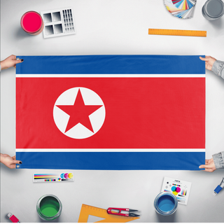 A mockup of the custom flag 'Flag of Korea' held up on a table during print checking
