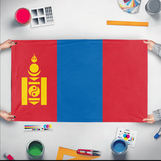A mockup of the custom flag 'Flag of Mongolia flag' held up on a table during print checking