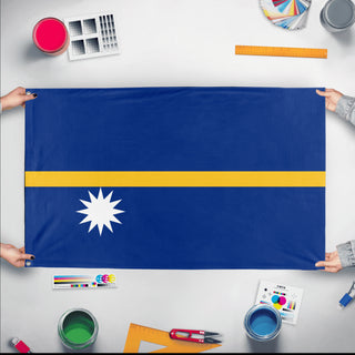 A mockup of the custom flag 'Flag of Nauru flag' held up on a table during print checking