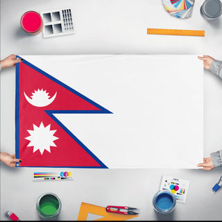 A mockup of the custom flag 'Flag of Nepal flag' held up on a table during print checking