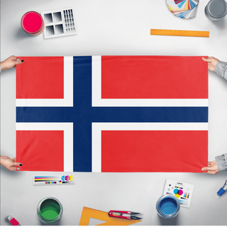 A mockup of the custom flag 'Flag of Norway flag' held up on a table during print checking
