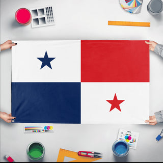 A mockup of the custom flag 'Flag of Panama flag' held up on a table during print checking