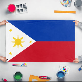 A mockup of the custom flag 'Flag of Philippines flag' held up on a table during print checking