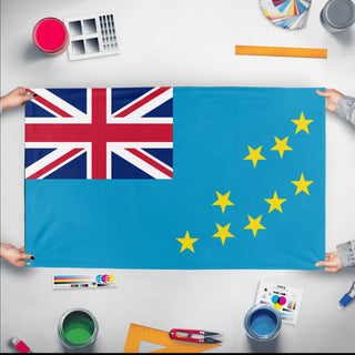 A mockup of the custom flag 'Flag of Tuvalu flag' held up on a table during print checking