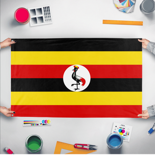 A mockup of the custom flag 'Flag of Uganda flag' held up on a table during print checking
