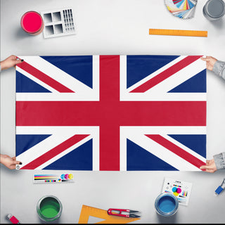 A mockup of the custom flag 'Flag of United Kingdom flag' held up on a table during print checking