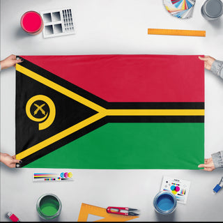 A mockup of the custom flag 'Flag of Vanuatu flag' held up on a table during print checking
