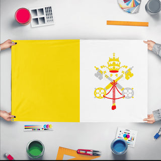 A mockup of the custom flag 'Flag of Vatican City flag' held up on a table during print checking