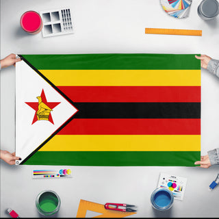 A mockup of the custom flag 'Flag of Zimbabwe flag' held up on a table during print checking