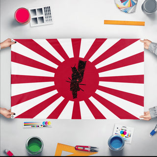 A mockup of the custom flag 'Samurai Flag' held up on a table during print checking