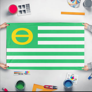 A mockup of the custom flag 'Ecology Flag' held up on a table during print checking