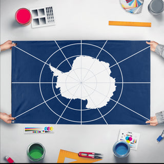 A mockup of the custom flag 'Antarctica Flag' held up on a table during print checking