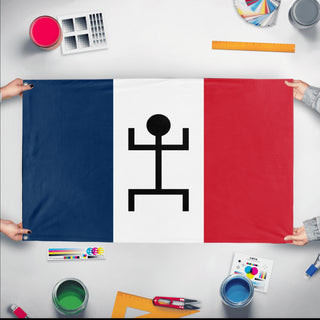A mockup of the custom flag 'French Sudan Flag' held up on a table during print checking