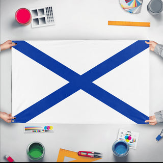 A mockup of the custom flag 'Russian Navy Flag' held up on a table during print checking