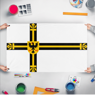 A mockup of the custom flag 'Teutonic Order Flag' held up on a table during print checking