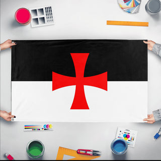 A mockup of the custom flag 'Templar Cross Flag' held up on a table during print checking