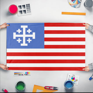 A mockup of the custom flag 'United States flag with Templar Cross flag' held up on a table during print checking